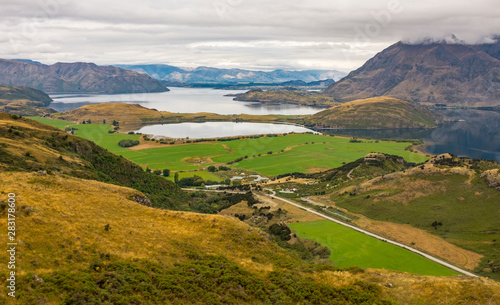 A view Lake Wanaka and the surronding hills and lakes taken from the top of the Diamond Lake trail.