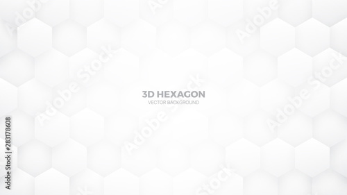 3D Vector Technological Hexagon Pattern White Abstract Background.  Hexagonal Structure Abstract White Background. Sci-Fi Abstract White Wallpaper. Clear Blank Subtle Light White Texture