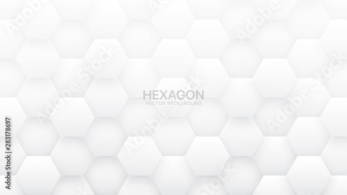 3D Vector Hexagon Tech Structure Abstract White Background. Science Technology Hexagonal Blocks Pattern Conceptual Light Wallpaper. Clear Blank Subtle Textured Banner Backdrop
