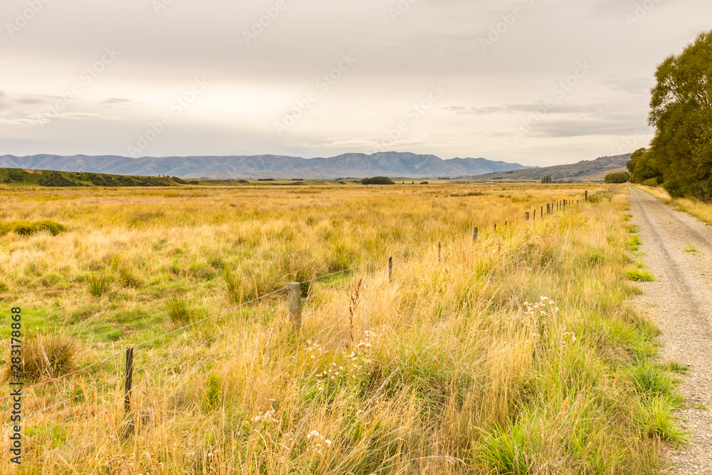 The wide-open green meadows by the side of the Otago Rail Trail, cycle route, Otago, New Zealand The wide-open green meadows by the side of the Otago Rail Trail, cycle route, Otago, New Zealand