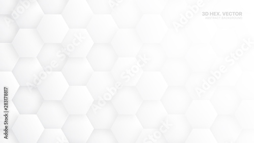 Fototapeta Naklejka Na Ścianę i Meble -  3D Vector Hexagons Pattern Technology White Abstract Background. Concept Scientific Tech Hexagonal Blocks Structure Light Grey Wallpaper. Clear Blank Subtle Textured Banner Backdrop