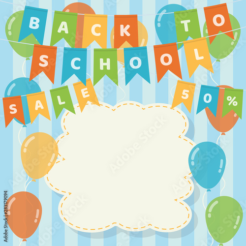 Back to school banner with colorful hanging flag garlands, balloons and blank stitched cloud on blue strips background