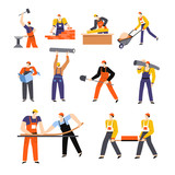 Building or construction works, builders and engineers with equipment isolated characters