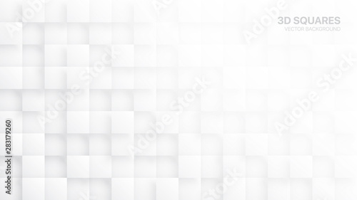 3D Vector Squares White Abstract Background. Three Dimensional Science Technologic Tetragonal Blocks Structure Light Conceptual Art Illustration. Clear Blank Subtle Textured Backdrop