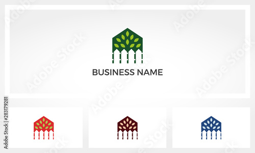 House With Fence And Leaves Logo