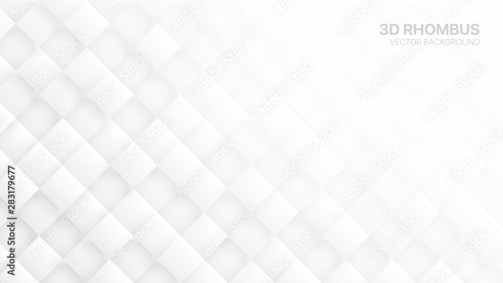3D Vector Rhombus Blocks Conceptual Tech White Abstract Background. Science Technology Three Dimensional Rectangular Structure Sci-Fi Light Wallpaper. Clear Blank Subtle Textured Backdrop