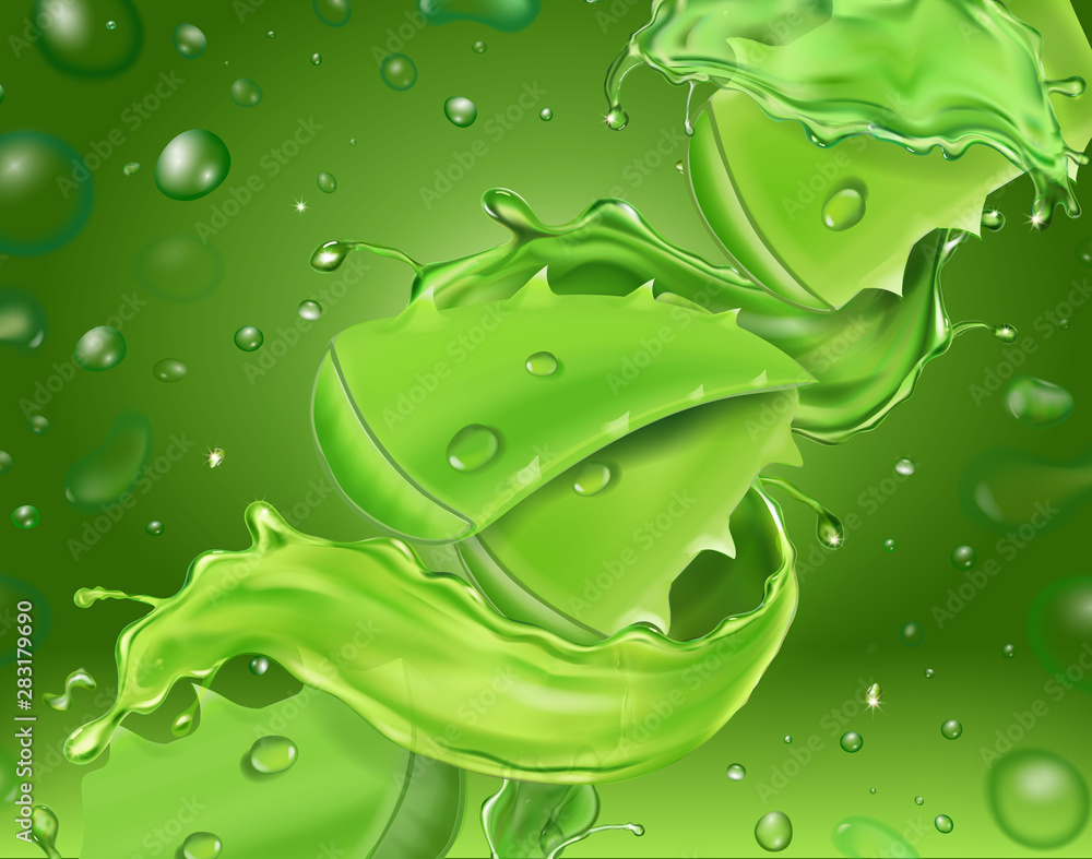 Aloe Vera Realistic Green Background With Aloe Juice Splash 