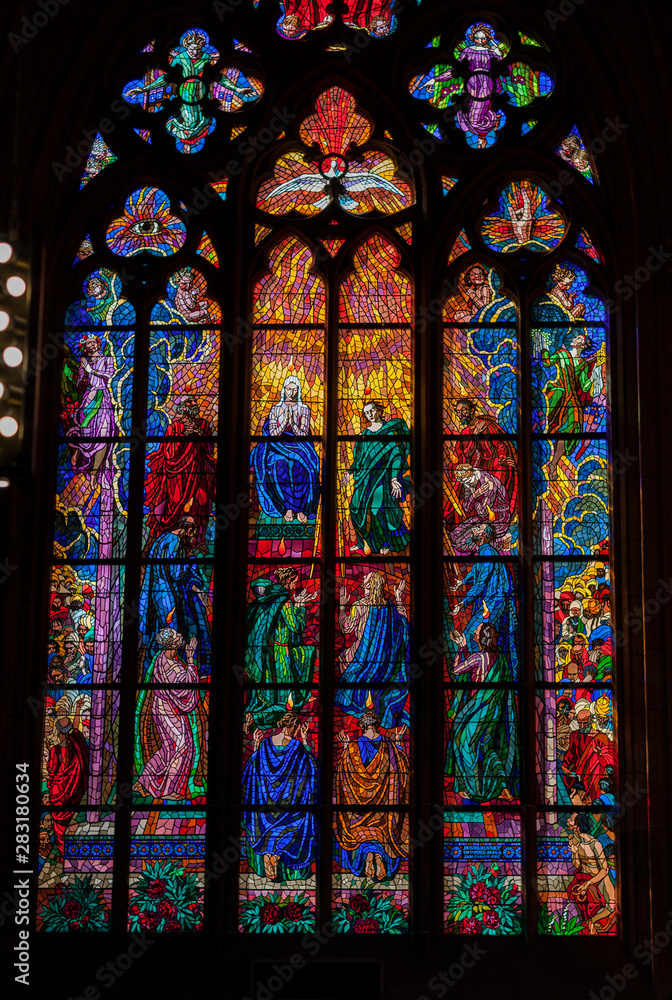 Worship Of The Virgin Mary. Stained glass