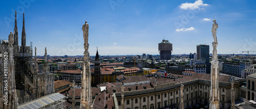 Panoramic view from roof terrace of Milan Catehdral in Italy