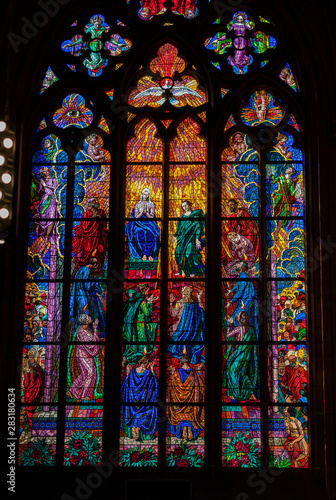 Worship Of The Virgin Mary. Stained glass