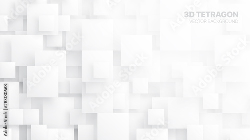 Fototapeta Naklejka Na Ścianę i Meble -  3D Vector Different Size Tetragons Technologic White Conceptual Abstract Background. Tech Clear Blank Subtle Textured Backdrop. Science Technology Square Blocks Structure Light Wallpaper