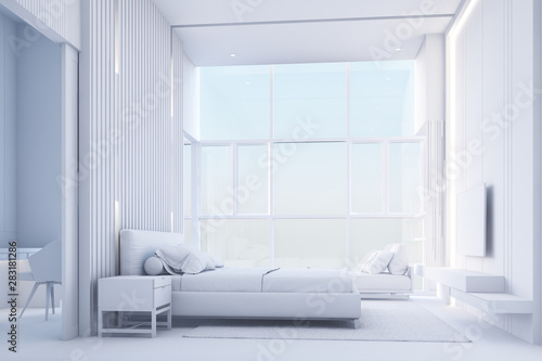 Bright and cozy modern bedroom with dressing room  headboard decorated by wood battens and large window and daybed for read with soft seats and pillow. All white model. 3d render