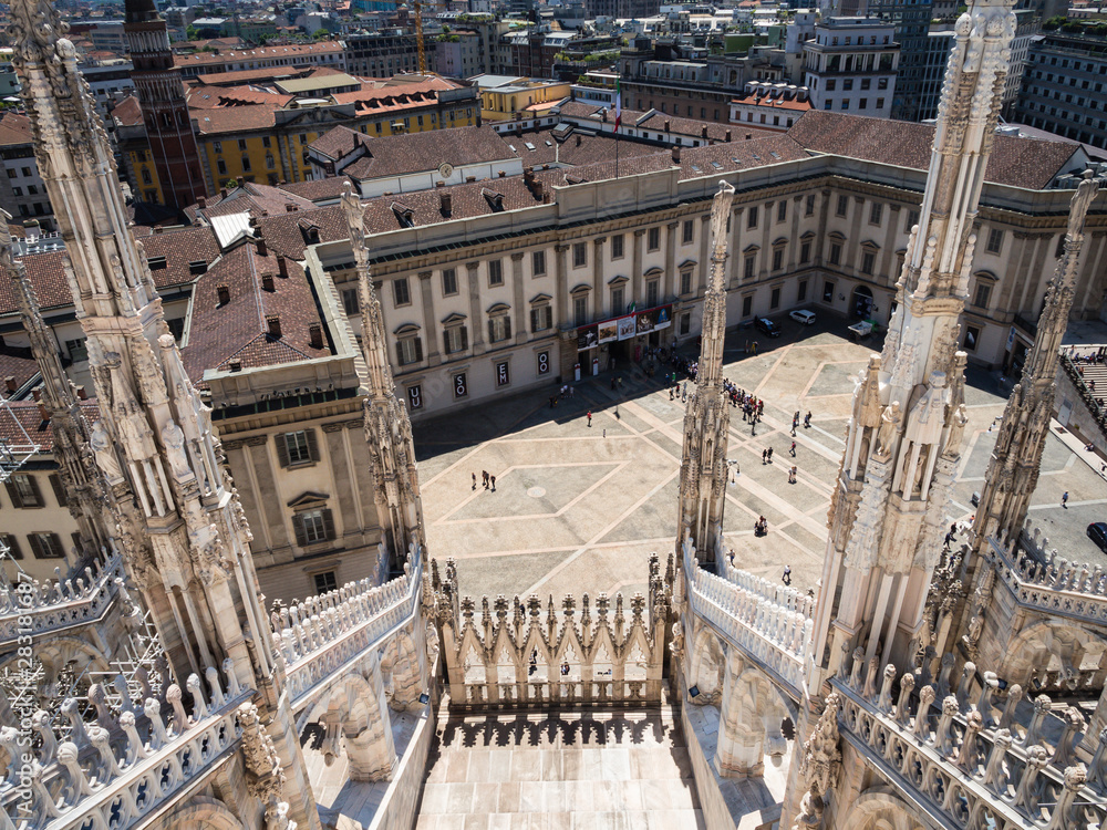 View down from roof terrace of Milan Catehdral in Italy