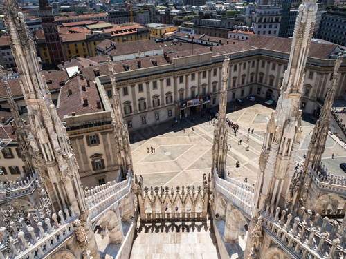 View down from roof terrace of Milan Catehdral in Italy photo