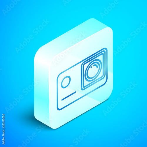 Isometric line Action extreme camera icon isolated on blue background. Video camera equipment for filming extreme sports. Silver square button. Vector Illustration