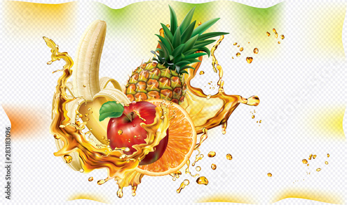Mix splashes of juices Banana, Orange, Pineapple, Apple