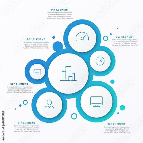 Abstract vector gradient minimalistic infographic template composed of 6 circles