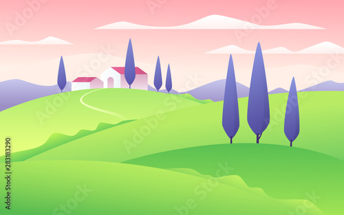 Vector illustration of a summer flat style rural landscape
