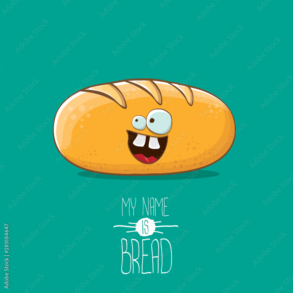 vector funky cartoon cute white loaf of bread character isolated on azure background. My name is bread concept illustration. funky food bakery character vector funky cartoon cute white loaf of bread character isolated on azure background. My name is bread concept illustration. funky food bakery character