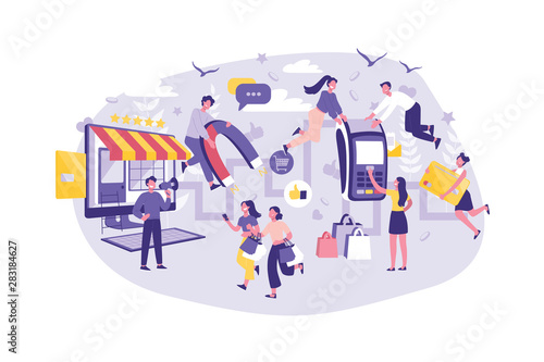 Business Concept Customer Journey, Support, Management, Planning. Group Managers Improves the Level of Service for Customers. Teamwork of Businessmen and Tourists. Cartoon flat Design, Isolated Vector