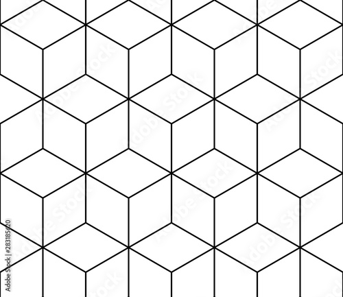 Isometric cube black line seamless pattern on white background.