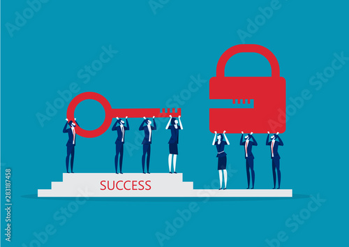 Business team hold gold key to unlock lock. Success solution. Collective achievement. on blue background Vector illustration flat design. 