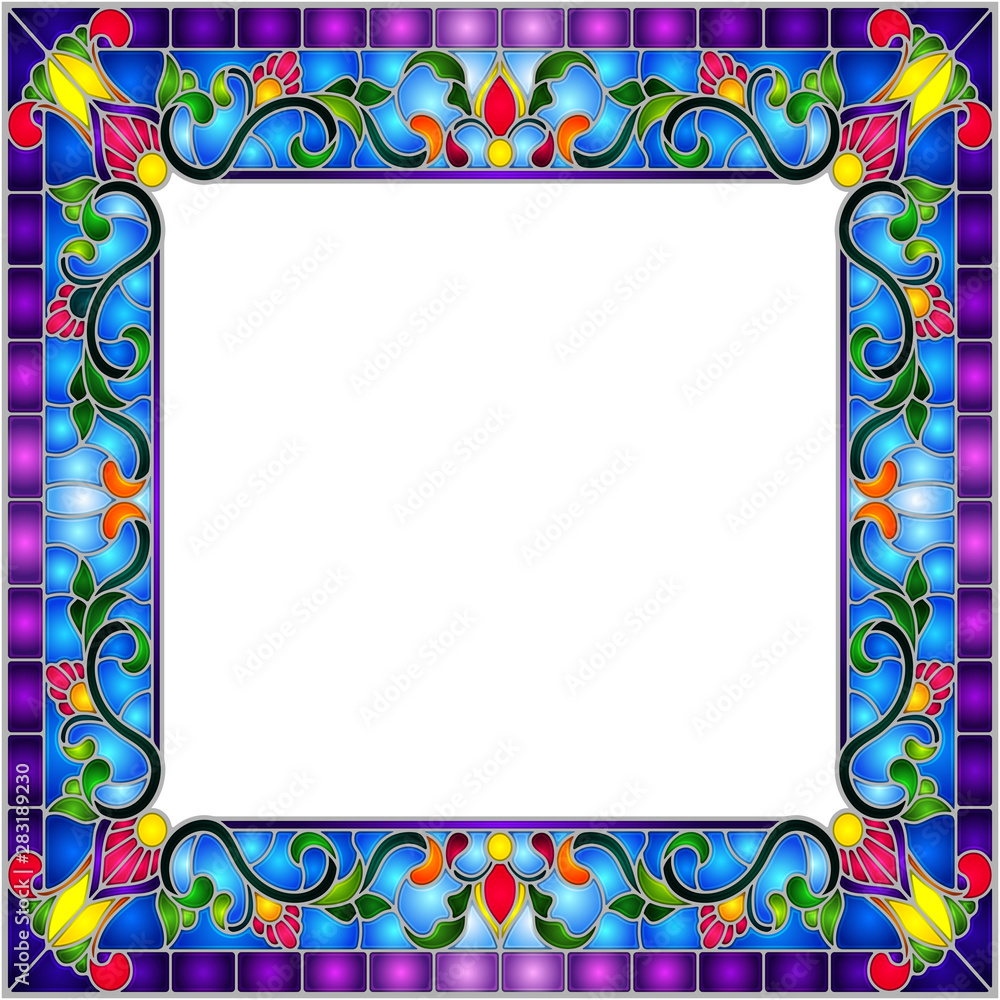 Obraz premium Illustration in stained glass style flower frame, bright flowers and leaves in blue frame on a white background