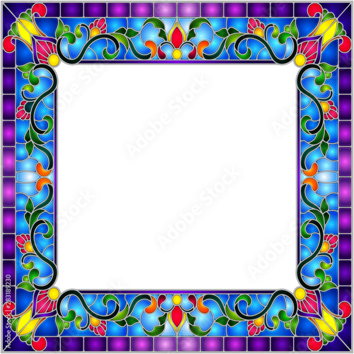Illustration in stained glass style flower frame, bright flowers and leaves in blue frame on a white background