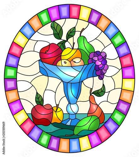 Illustration in stained glass style with still life, fruits and berries in a blue  vase,oval image in bright frame