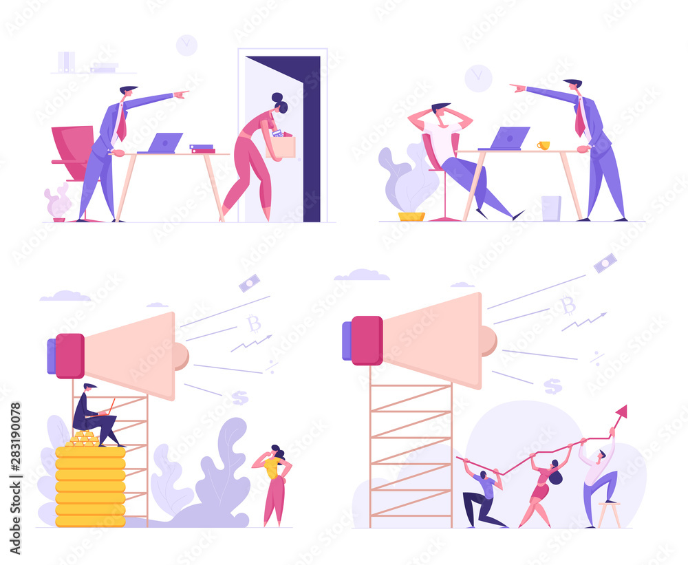 Social Media Marketing and Angry Boss Firing Office Employee Set. Business Advertising Promotion Campaign with Big Loudspeaker Talking to Crowd. Teamwork Communication Cartoon Flat Vector Illustration