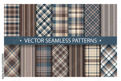 Set plaid pattern seamless. Tartan patterns fabric texture. Checkered geometric vector background. Scottish stripe blanket backdrop