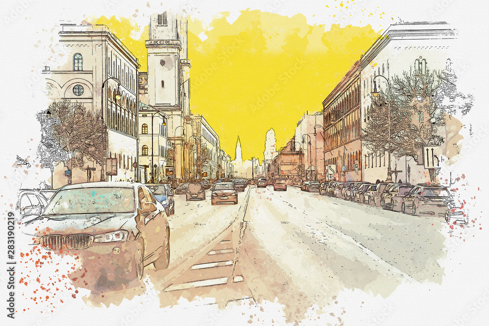 Φωτογραφία Watercolor sketch or illustration of a traditional street in Munich in Germany