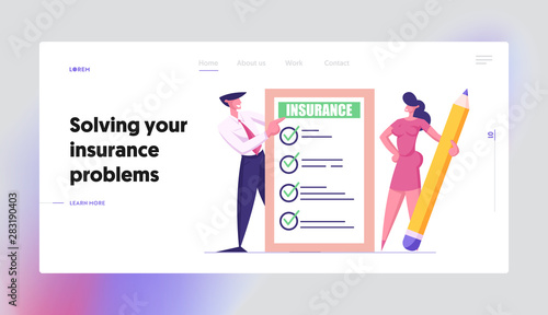 Protection of Health, Life, Real Estate and Property Interests Website Landing Page. Business Man and Woman with Pencil Holding Insurance Certificate Web Page Banner. Cartoon Flat Vector Illustration