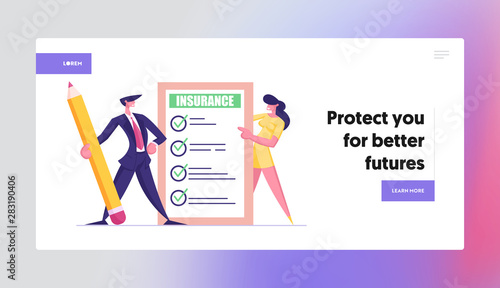 Protection of Health, Life, Real Estate and Property Interests Website Landing Page. Business Man and Woman Hold Insurance Certificate with Checklist. Web Page Banner. Cartoon Flat Vector Illustration