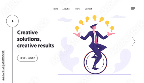 Businessman Character Racing in Leadership Competition Website Landing Page. Business Man Riding Monowheel Juggling Glowing Light Bulbs. Creative Idea Web Page Banner. Cartoon Flat Vector Illustration