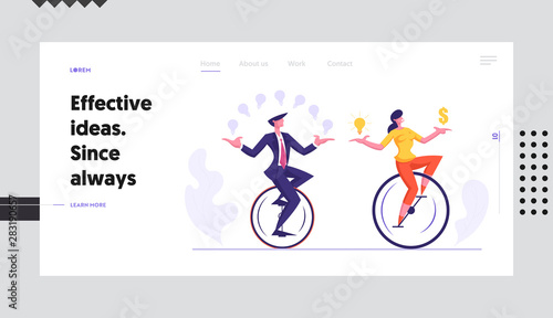 Businesspeople Racing in Leadership Competition Website Landing Page. Business Man and Woman Riding Monowheel Juggling with Glowing Idea Light Bulbs Web Page Banner. Cartoon Flat Vector Illustration