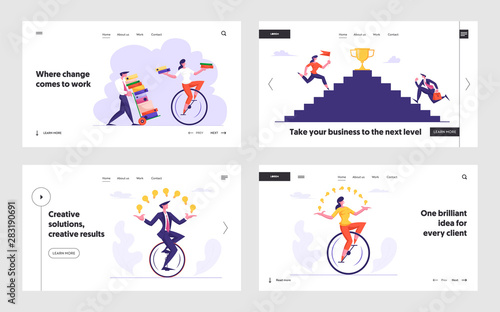 Overloaded Workers with Documents, Business Competition, Goal Achievement Website Landing Page Set. Office Employees Riding Monowheel, Climbing Stairs Web Page Banner. Cartoon Flat Vector Illustration