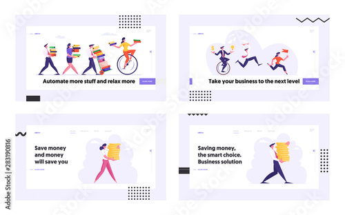 People Saving Money, Business Race Website Landing Page Set. Business Men and Women Running Competition, Office Worker Finance Professional Occupation Web Page Banner. Cartoon Flat Vector Illustration
