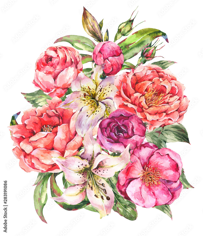 Vintage Watercolor Greeting Card with Blooming Flowers. Roses and Peonies, White Royal Lilies