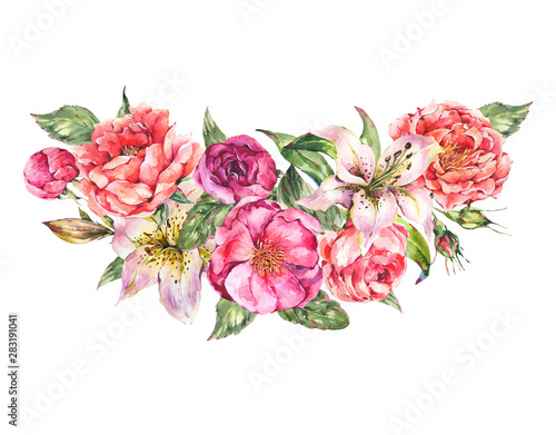 Fototapeta Naklejka Na Ścianę i Meble -  Vintage Watercolor Wreath with Blooming Flowers. Roses and Peonies, White Royal Lilies