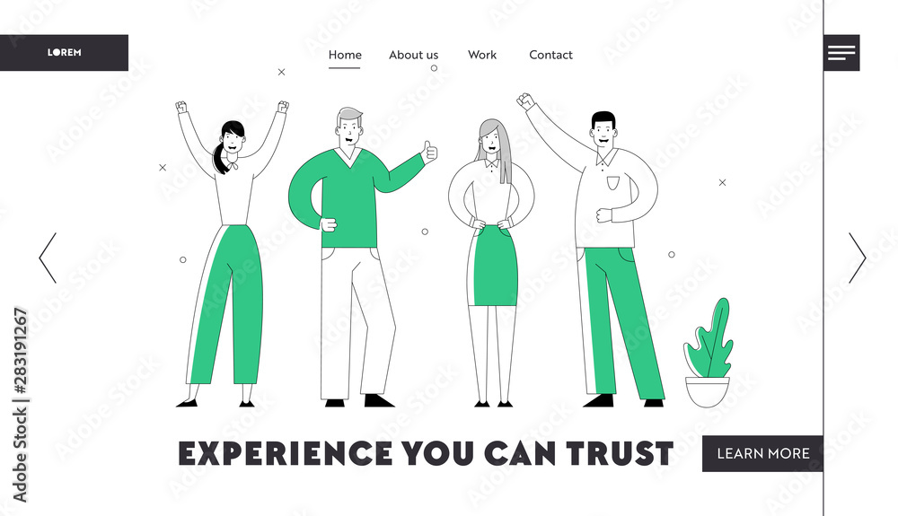 Managers Team Perfect Teamworking Group Website Landing Page. Joyful Business People Businessmen and Businesswomen Characters Creative Office Employees Web Page Banner Cartoon Flat Vector Illustration