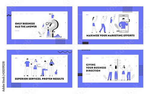 Social Media Marketing, Teamwork Creative Group, Information Searching Website Landing Page Set. People at Question Mark Smm Mobile Service Road Choice Web Page Banner Cartoon Flat Vector Illustration