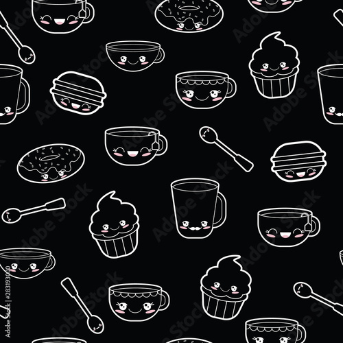 Black and white kawaii cups seamless pattern print background
