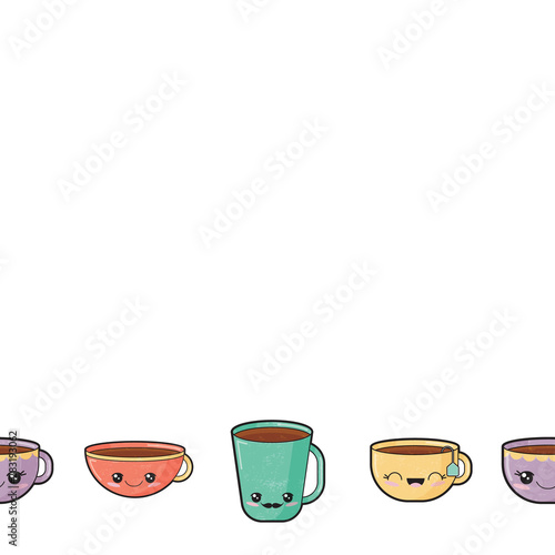 White kawaii border cups seamless pattern print background