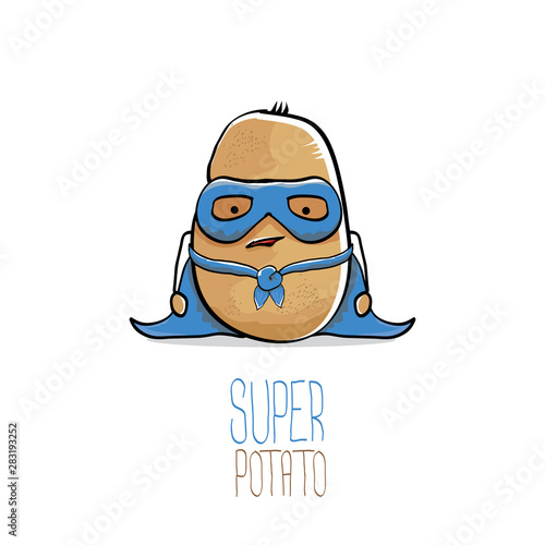 vector funny cartoon cute brown super hero potato with blue hero cape and hero mask isolated on white background. My name is potato vector concept. super vegetable food character