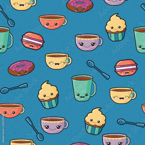 Blue kawaii cup and cake seamless pattern print background