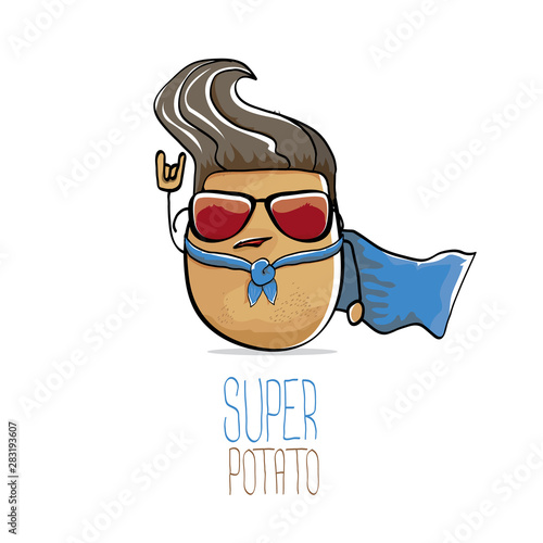 vector funny cartoon cute brown super hero potato with blue hero cape and hero mask isolated on white background. My name is potato vector concept. super vegetable food character
