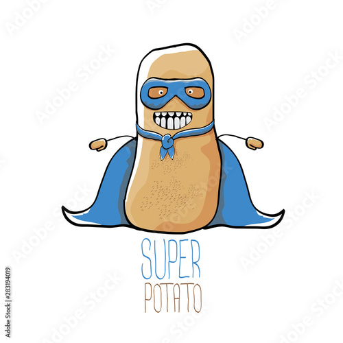vector funny cartoon cute brown super hero potato with blue hero cape and hero mask isolated on white background. My name is potato vector concept. super vegetable food character