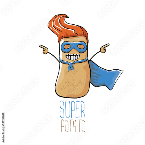vector funny cartoon cute brown super hero potato with blue hero cape and hero mask isolated on white background. My name is potato vector concept. super vegetable food character