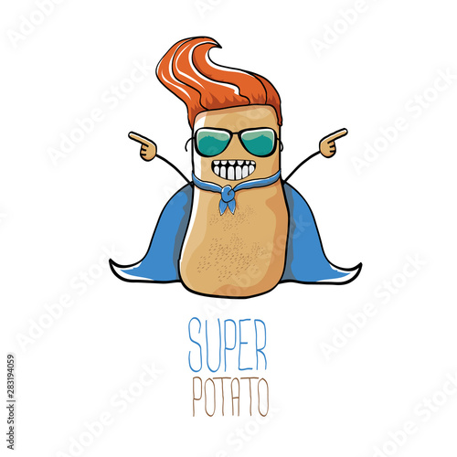 vector funny cartoon cute brown super hero potato with blue hero cape and hero mask isolated on white background. My name is potato vector concept. super vegetable food character